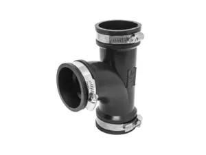 1-1/2" Flexible Rubber Tee with Stainless Steel Band and Clamps, For CI, Plastic, Copper, Steel