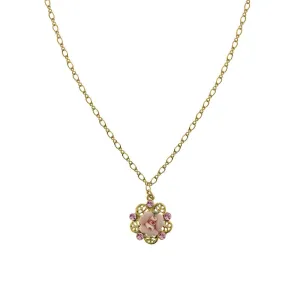 1928 Bridal Pink Crystal And Porcelain Rose Filigree Pendant Necklace 16"   3" Extender