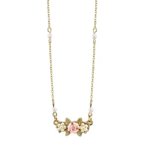 1928 Jewelry Faux Pearl Pink Porcelain Rose Pendant Necklace 16"   3" Extender
