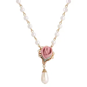 1928 Jewelry Pink Porcelain Rose Bud Faux Pearl Pendant Necklace 15"   3" Extension
