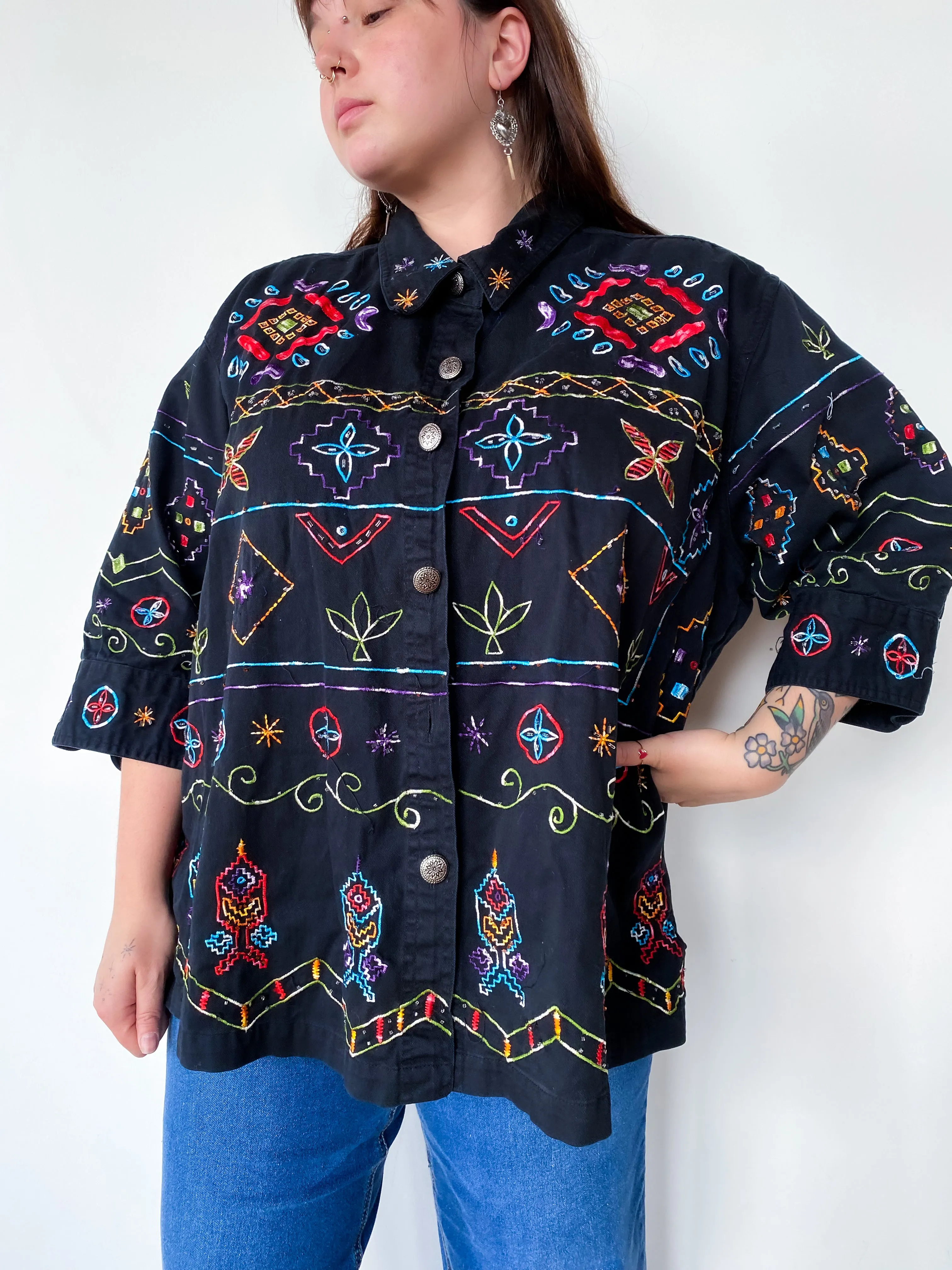 1990s Black Jacket with Southwestern Embroidery, sz. 5X