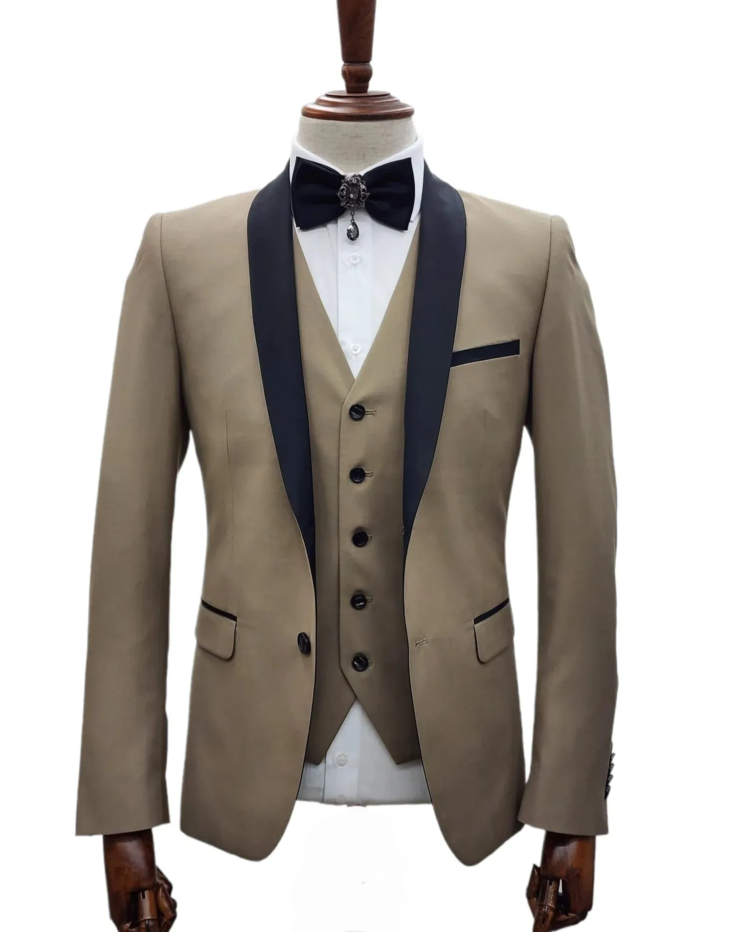 2 Button Tan Slim Fit Suit with Black Shawl Lapel FF2SSX V-1230