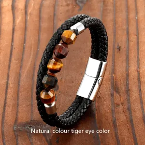 2021 New 10mm Cut Corner Natural Tiger's Eye Energy Bracelet Sweet And Romantic Couple Double-Layer Leather Rope 316 Stainless S