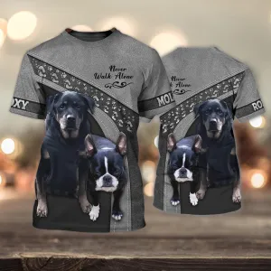 3D Dog T Shirts, Boston Terrier And Rottweiler Couple Love Never Walk Alone All Over Print T-Shirt, Gift For Pet Loves
