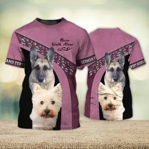 3D Dog T Shirts, German Shepherd West Highland Terrier Love Never Walk Alone All Over Print T-Shirt, Gift For Pet Loves