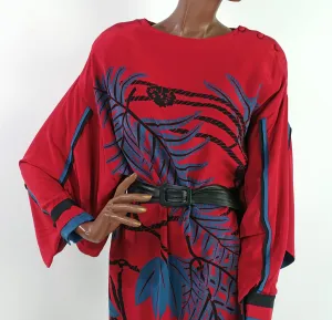 80s Dress Dramatic Vintage Wedding Guest Silk Kimono Sleeves Bold Graphic Print Women's Medium Sue Wong VFG