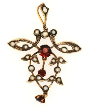 9ct Yellow Gold Garnet & Seed Pearl Vintage Pendant