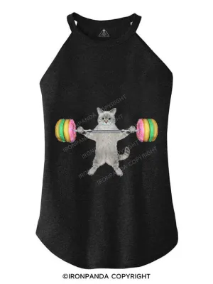 A CAT LIFTS DONUT BARBELL TRI ROCKER COTTON TANK