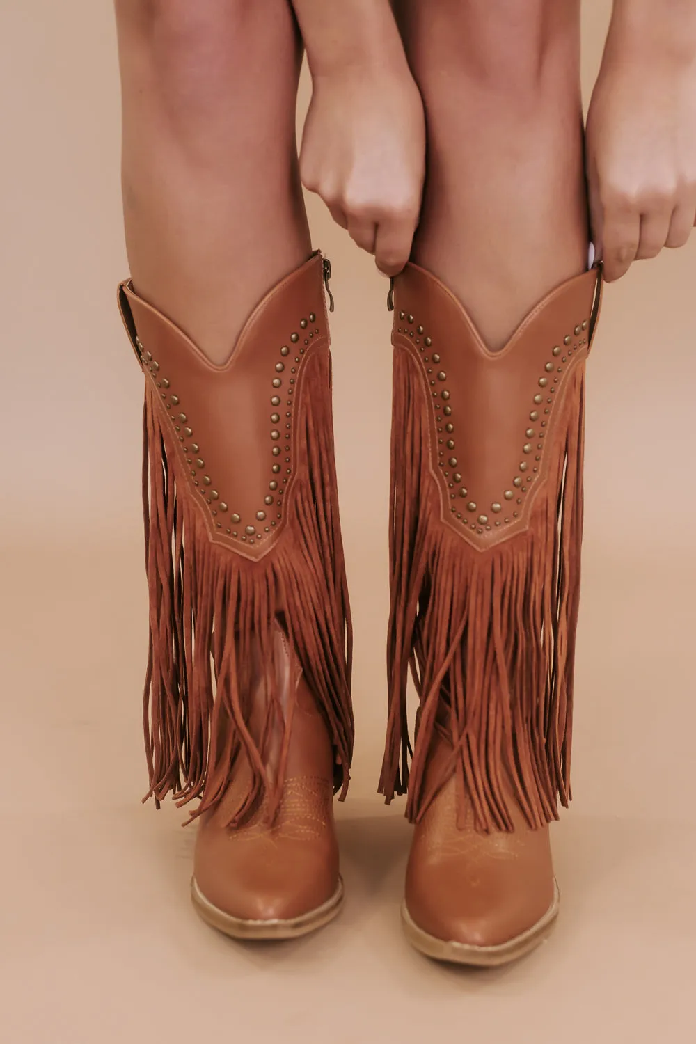 Adela Fringe Studded Bootie, Camel