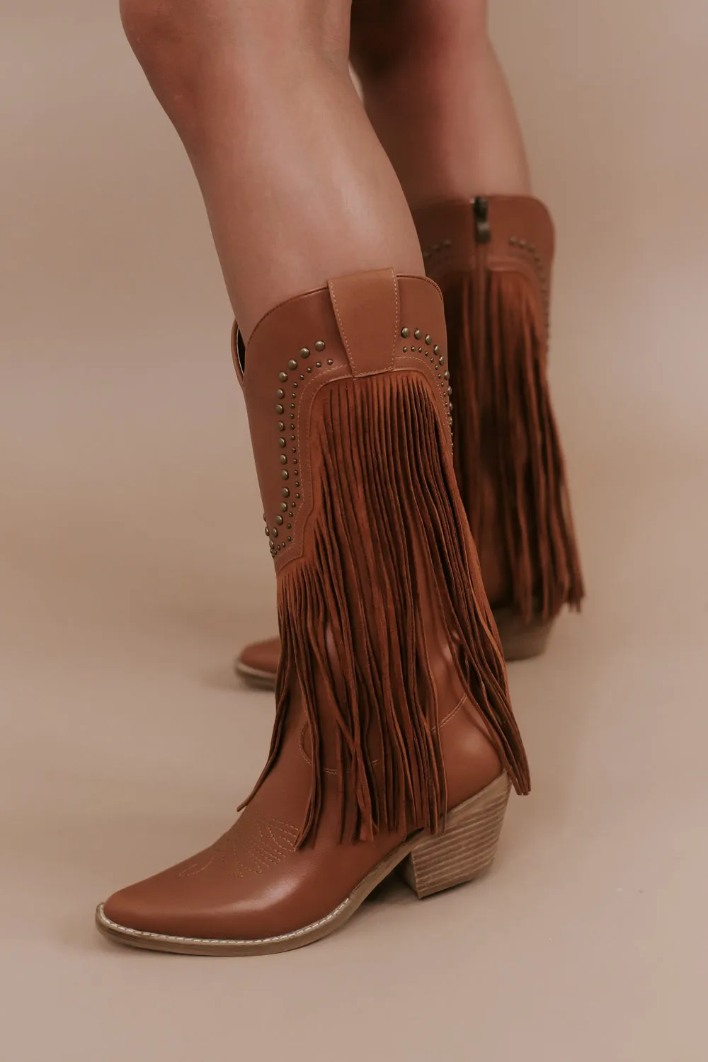Adela Fringe Studded Bootie, Camel