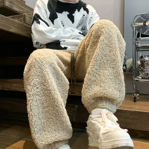 Aidase Winter Thickened Pants Men Warm Fashion Retro Lamb Wool Pants Men Oversized Streetwear Loose Straight Pants Mens Thick Trousers