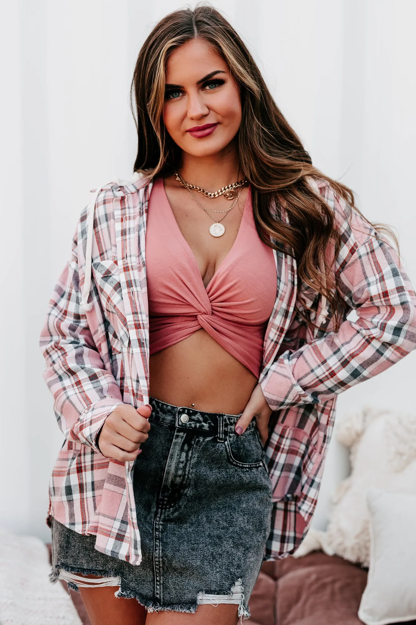 Already Involved Oversized Hooded Plaid Top (Pink)