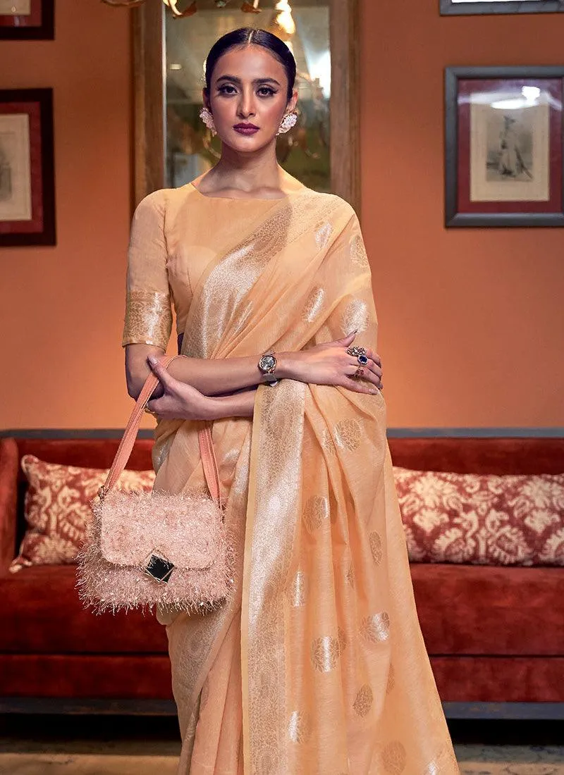 Ambitious Cream Color Silk Weave Saree With Half Sleeve Blouse