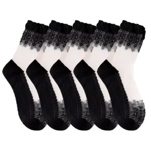 Anysox 5 Pairs Size 5-9 Fashion Socks Summer Lace Embroidery Breathable Silk Transparent Glass Crystal Stretch for Women Black