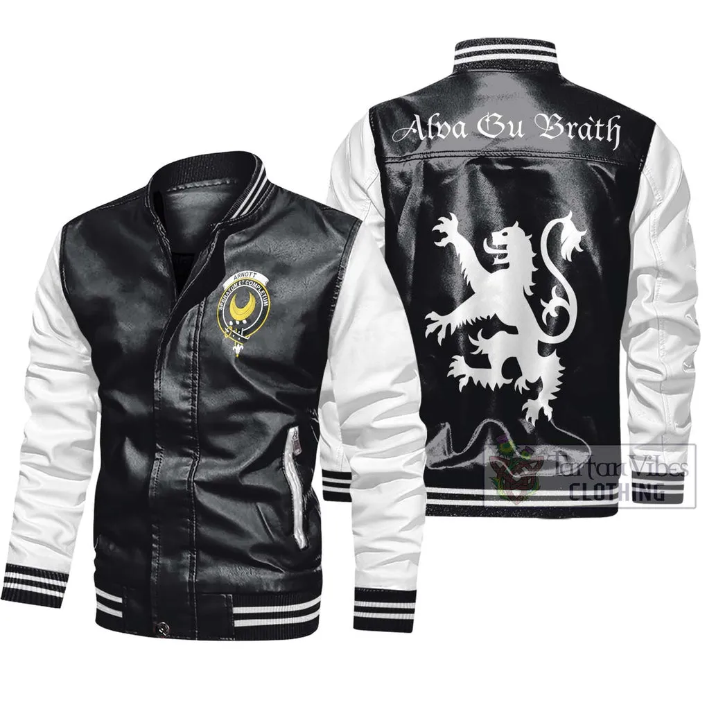 Arnott Family Crest Leather Bomber Jacket Lion Rampant Alba Gu Brath Style