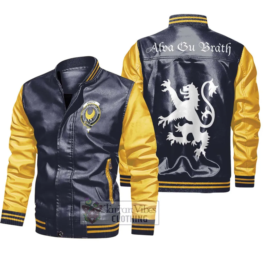 Arnott Family Crest Leather Bomber Jacket Lion Rampant Alba Gu Brath Style