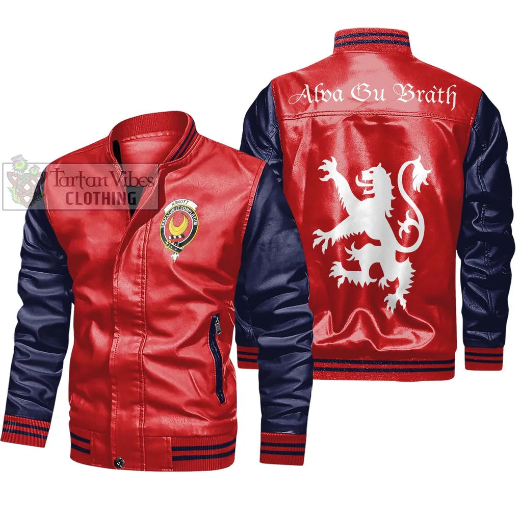 Arnott Family Crest Leather Bomber Jacket Lion Rampant Alba Gu Brath Style