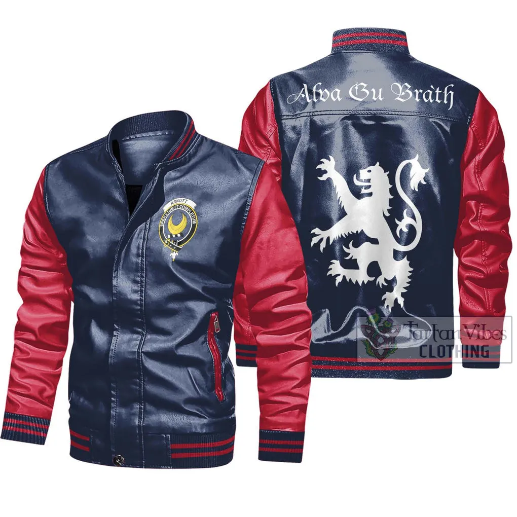 Arnott Family Crest Leather Bomber Jacket Lion Rampant Alba Gu Brath Style