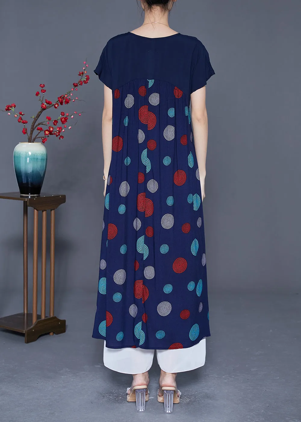 Art Navy V Neck Patchwork Print Cotton Robe Dresses Summer LY5389