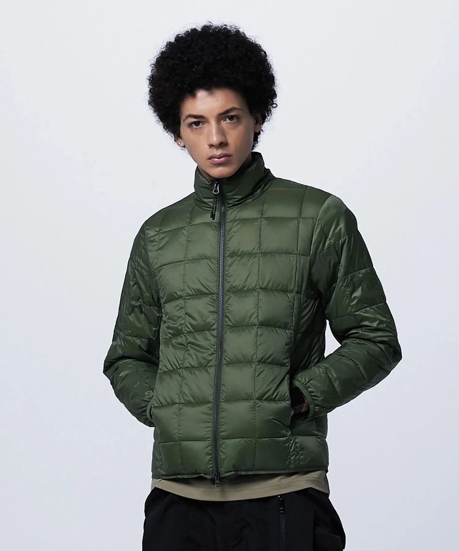 Basic High Neck W-Zip Inner Down Jacket in Dark Olive