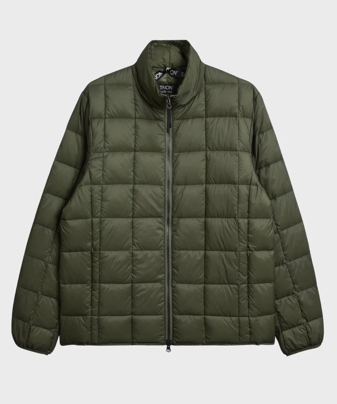 Basic High Neck W-Zip Inner Down Jacket in Dark Olive