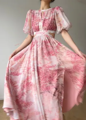 Beautiful Pink O Neck Print Side Open Silk Long Dresses Summer LC0501