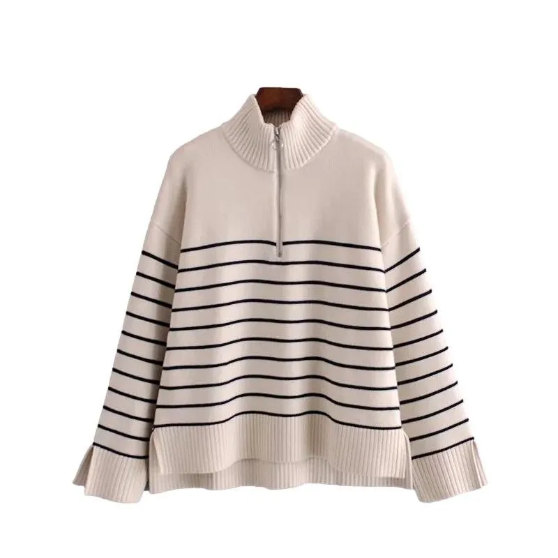 Beige Loose Striped Sweater
