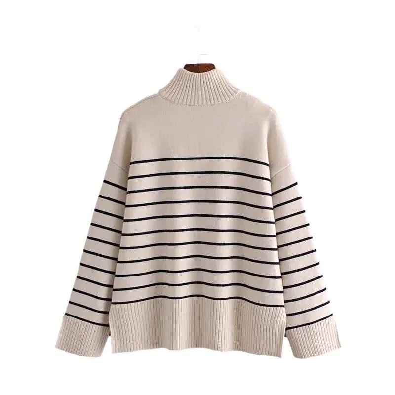 Beige Loose Striped Sweater