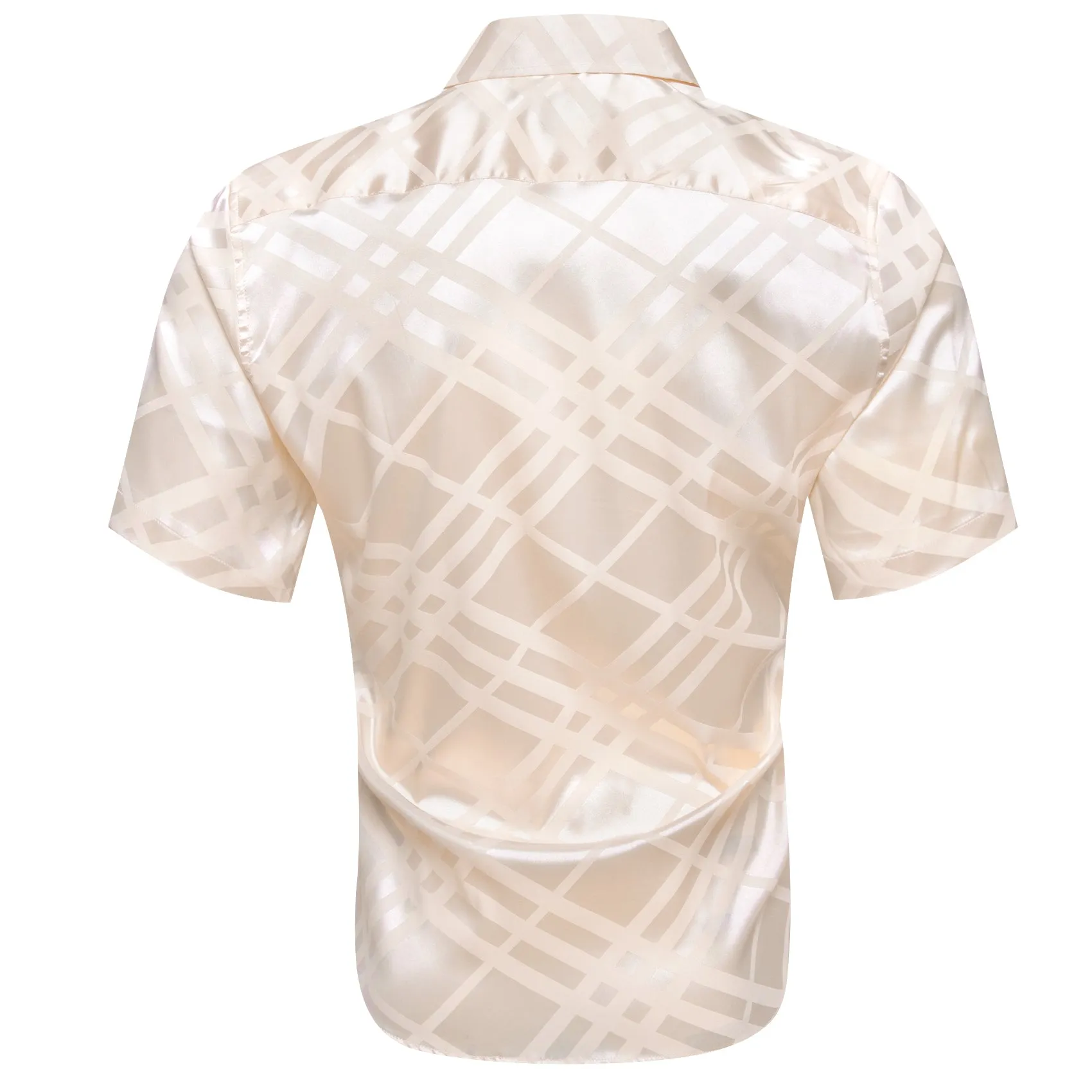 Beige Plaid Silk Men's Short Sleeve Shirt