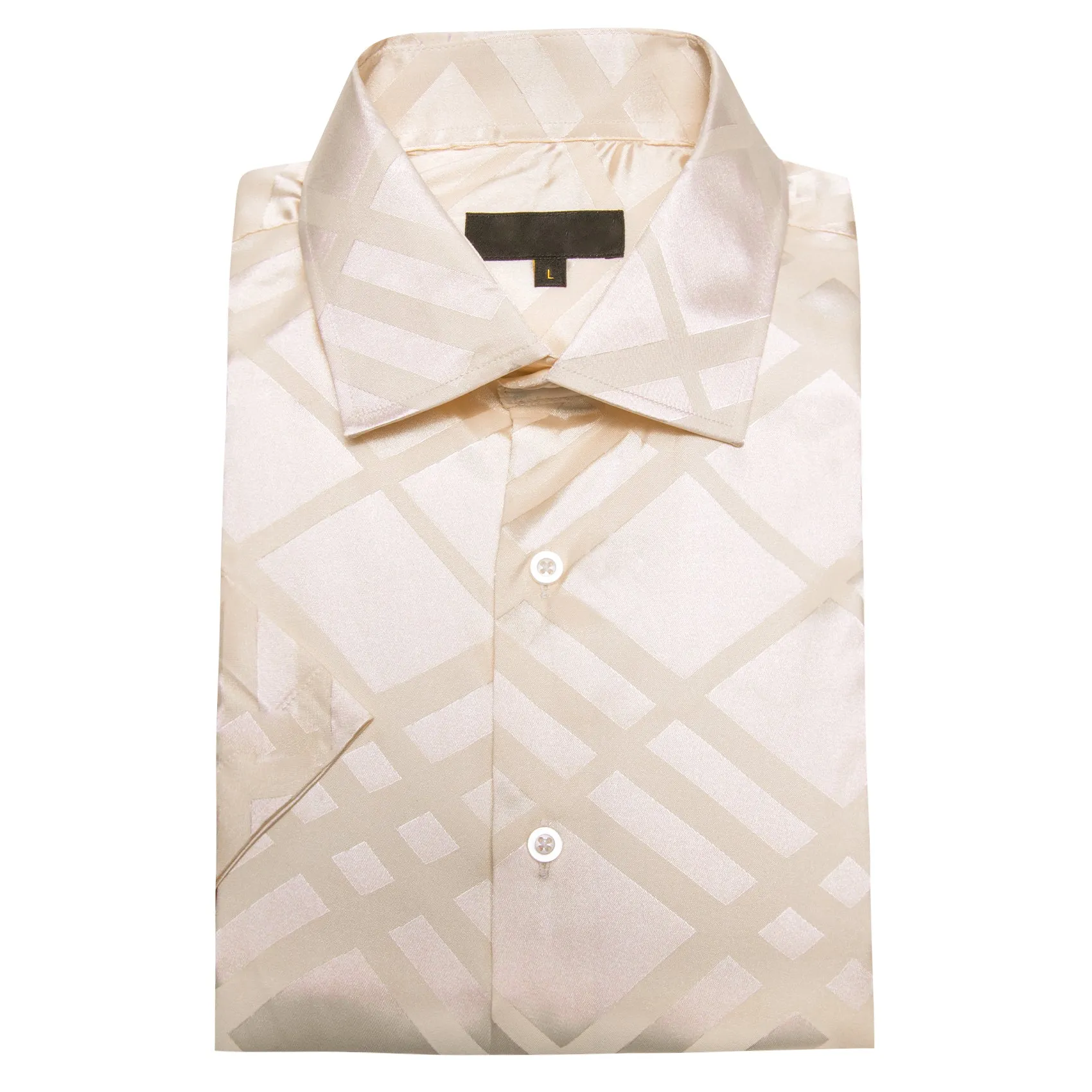 Beige Plaid Silk Men's Short Sleeve Shirt