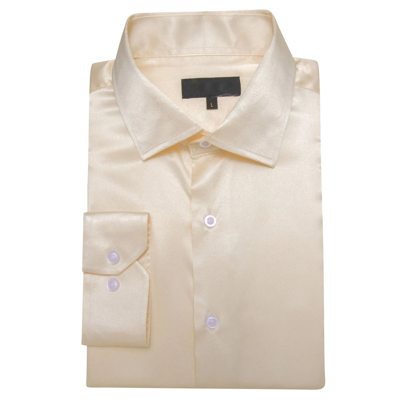 Beige Satin Solid Silk Men's Long Sleeve Shirt