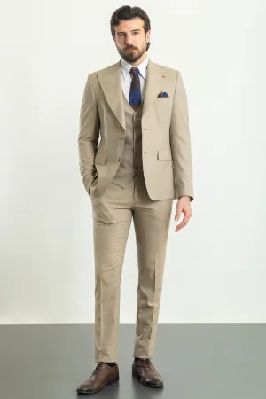 Beige Slim Fit Peak Lapel 3 Piece Plain Suit for Men | GentWith
