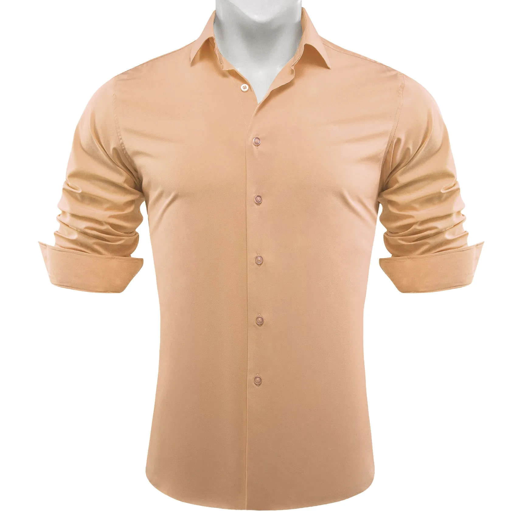 Beige Solid Silk Men's Long Sleeve Shirt