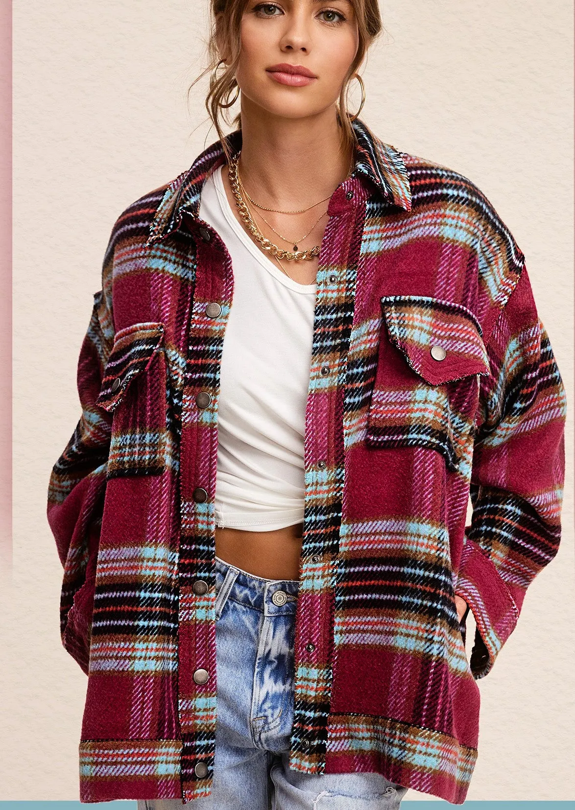 Berry Plaid Button Down Shacket Jacket