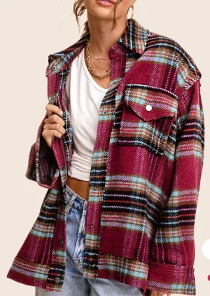 Berry Plaid Button Down Shacket Jacket