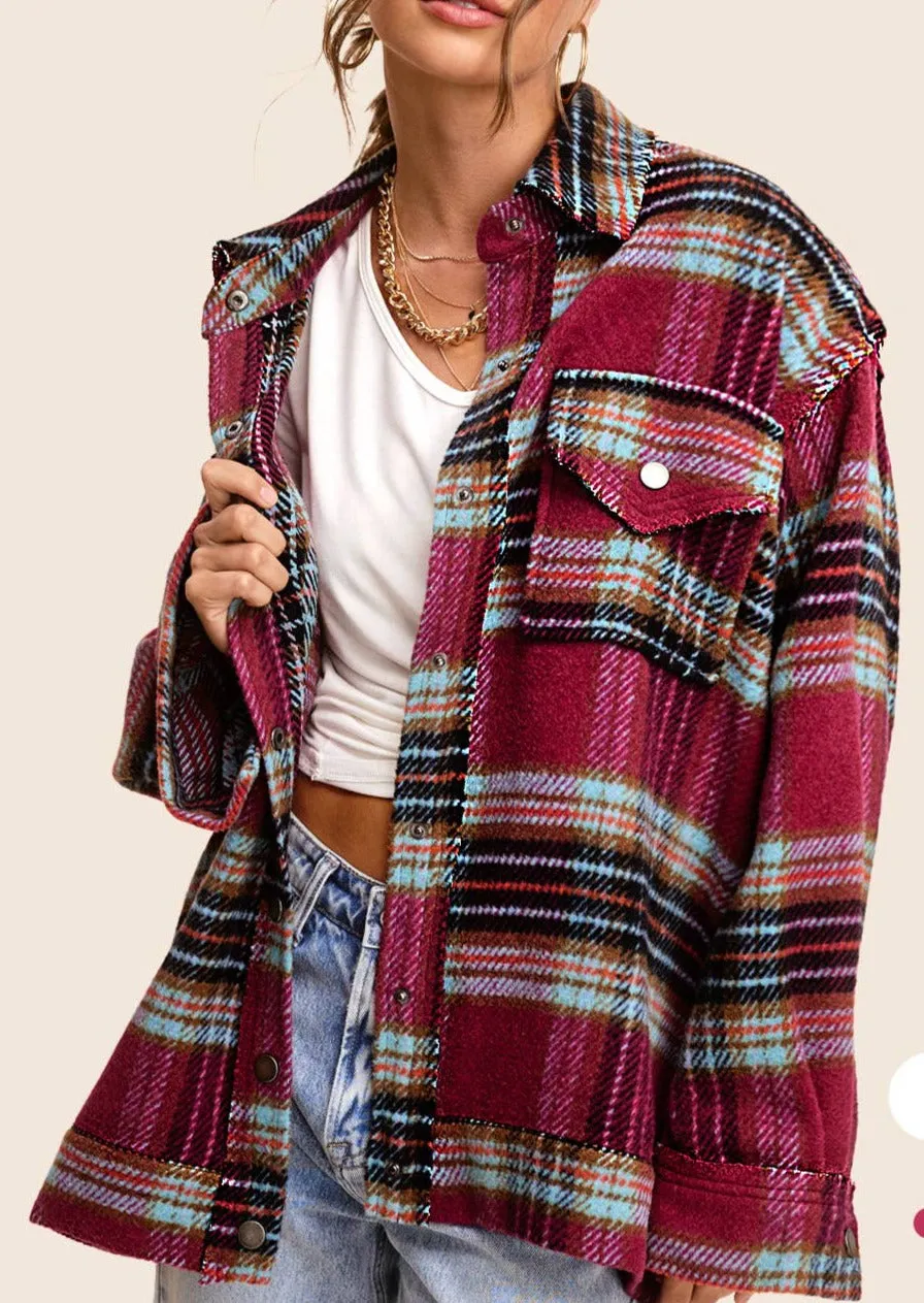 Berry Plaid Button Down Shacket Jacket