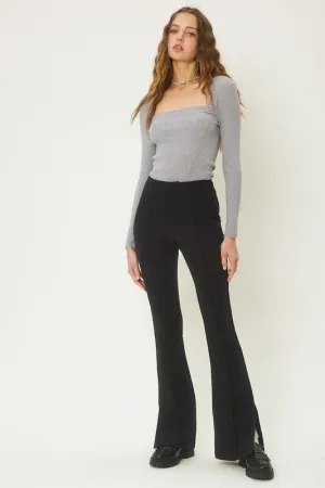 Black Center-Leg Seam Detailed Side Slit Flare Pants