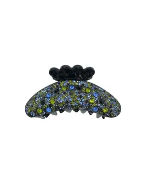 Black Colour T Hair Claw Premium Jet Black With Green & Blue Rhinestones 5503 JB-OS