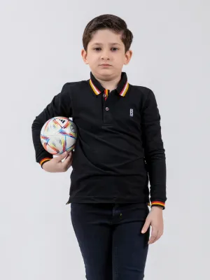 Black Contrasting Tipped Long Sleeve Pique Polo