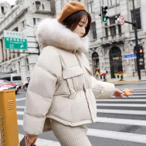 Black Friday Sales New Winter Warm 90% White Duck Down Parka Women Large Natural Fur Collar Hooded Short Jacket Coat Loose Outwear