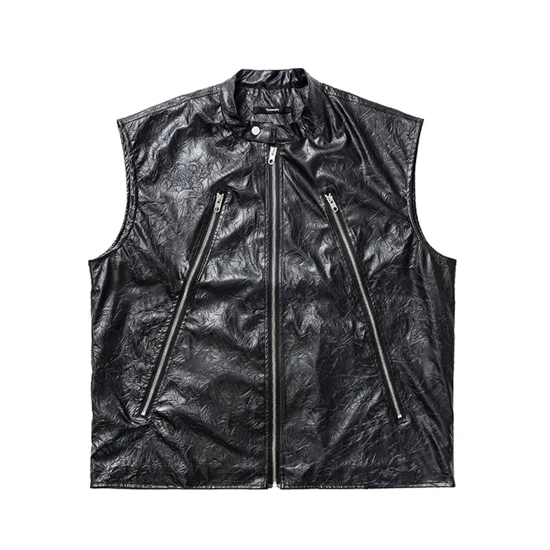 Black Motorcycle Vest For Men - High Quality Leather Jacket - Sleeveless Coat