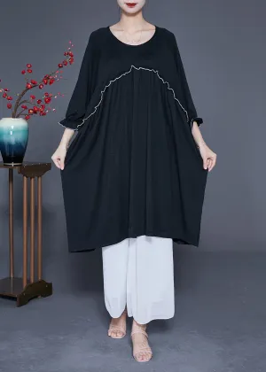 Black Oversized Cotton Long Dress O-Neck Ruffled Summer LY2886