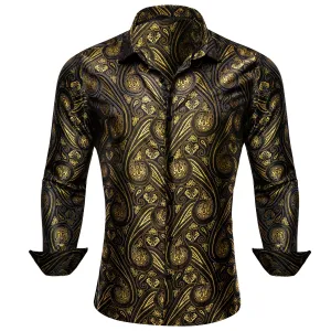 Black Yellow Paisley Silk Men's Long Sleeve Shirt