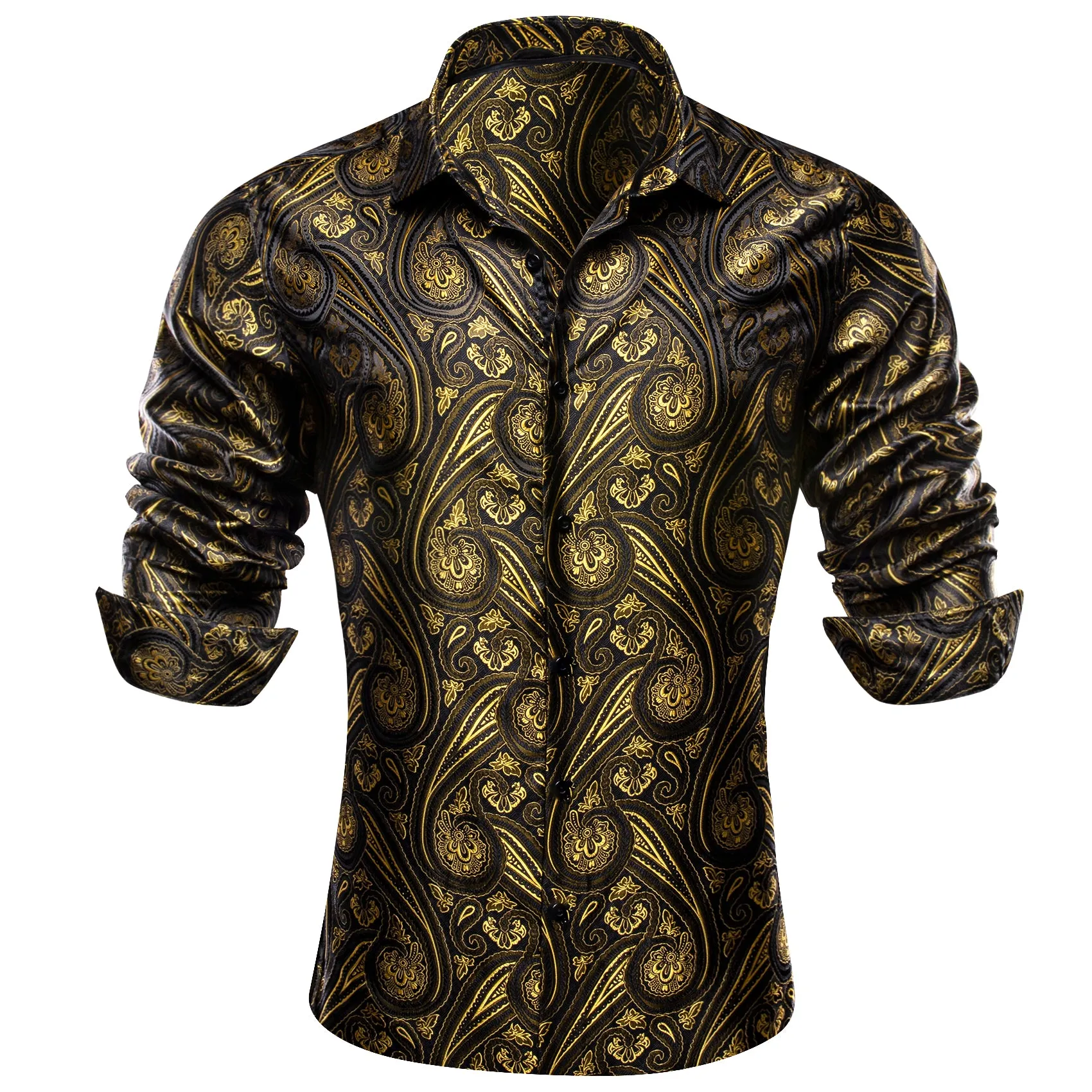 Black Yellow Paisley Silk Men's Long Sleeve Shirt