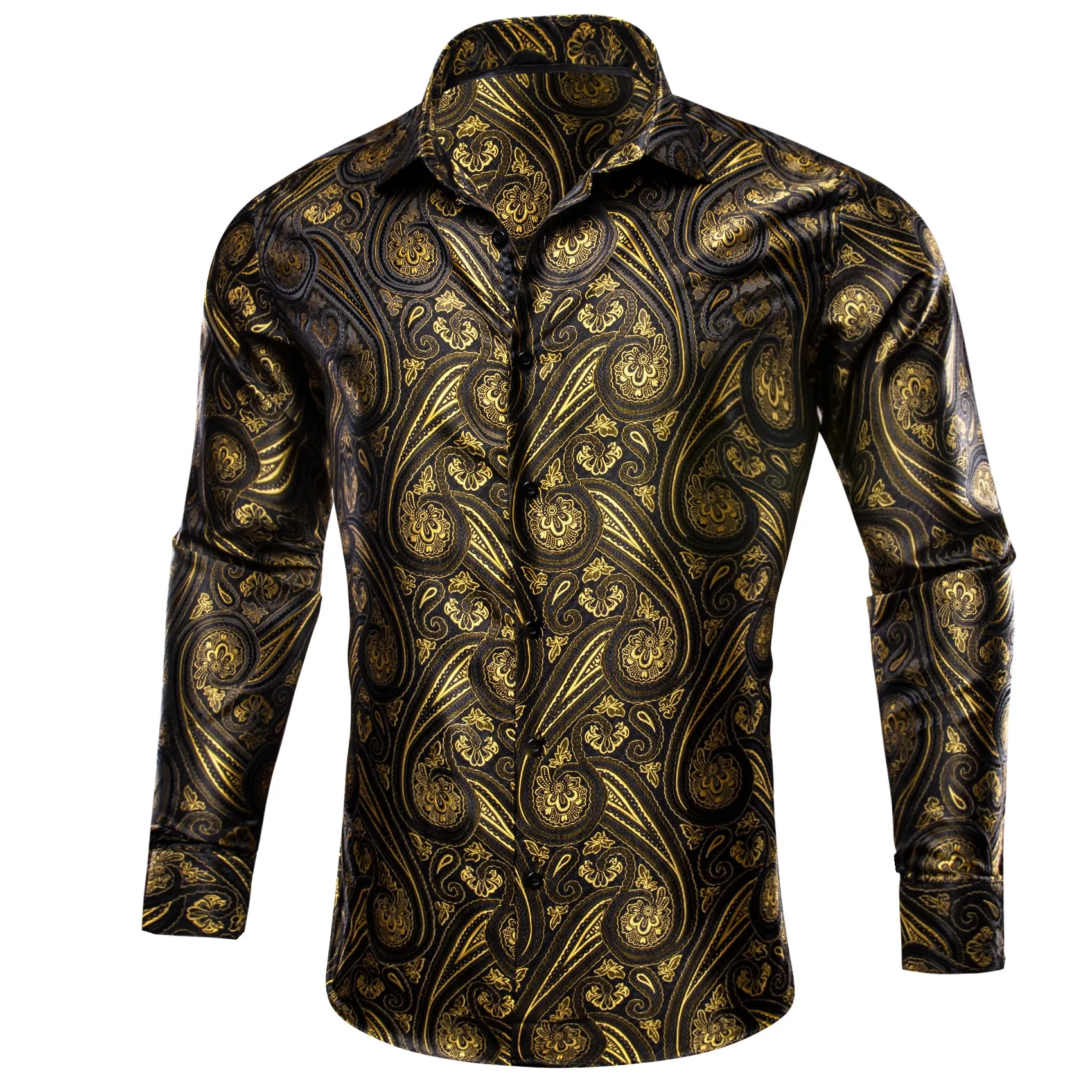 Black Yellow Paisley Silk Men's Long Sleeve Shirt