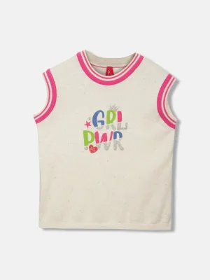 Blue Giraffe Girls Cream Printed Round Neck Sleeveless Top
