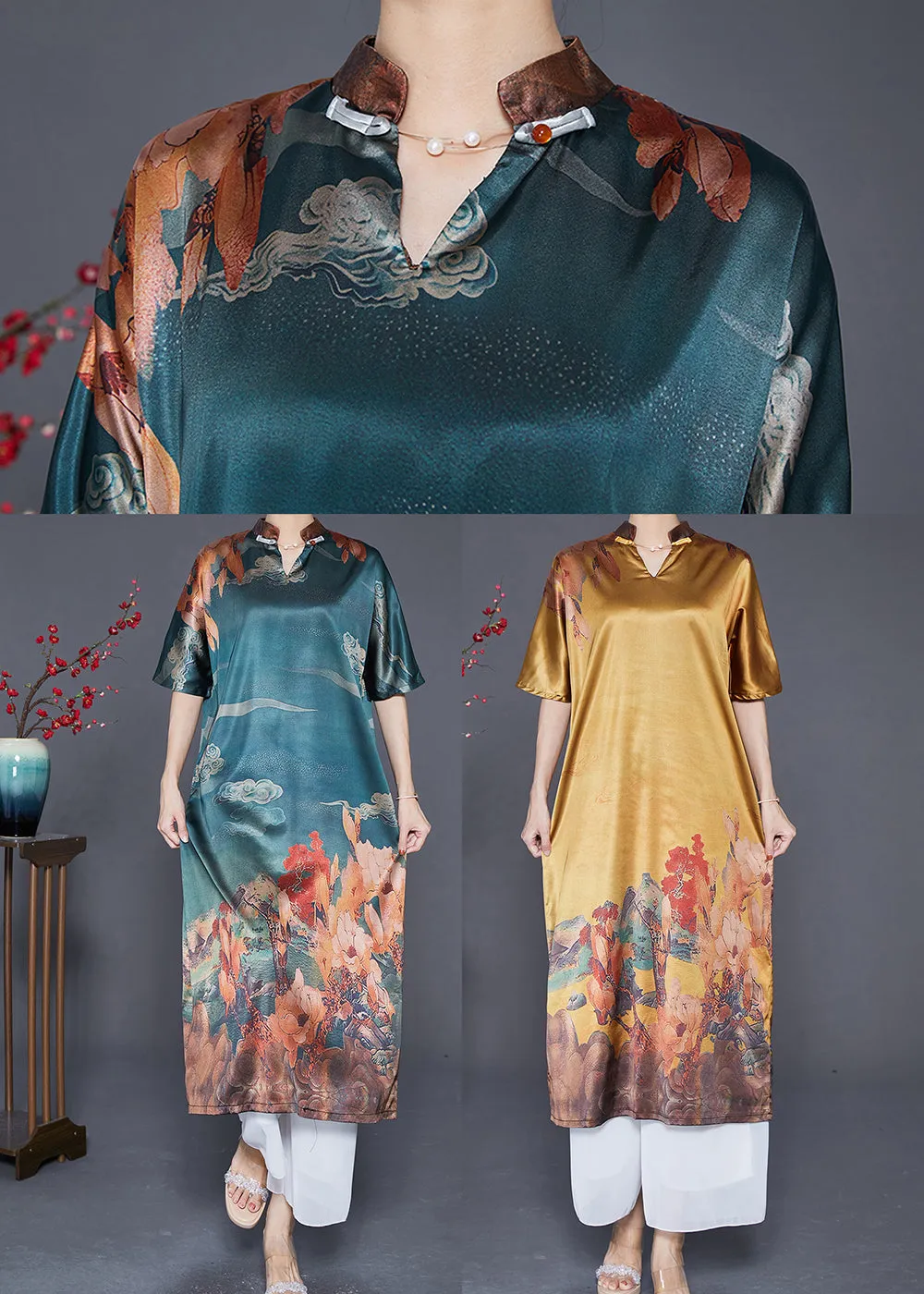 Blue Grey Print Silk Maxi Dress Nail Bead Summer LY6539