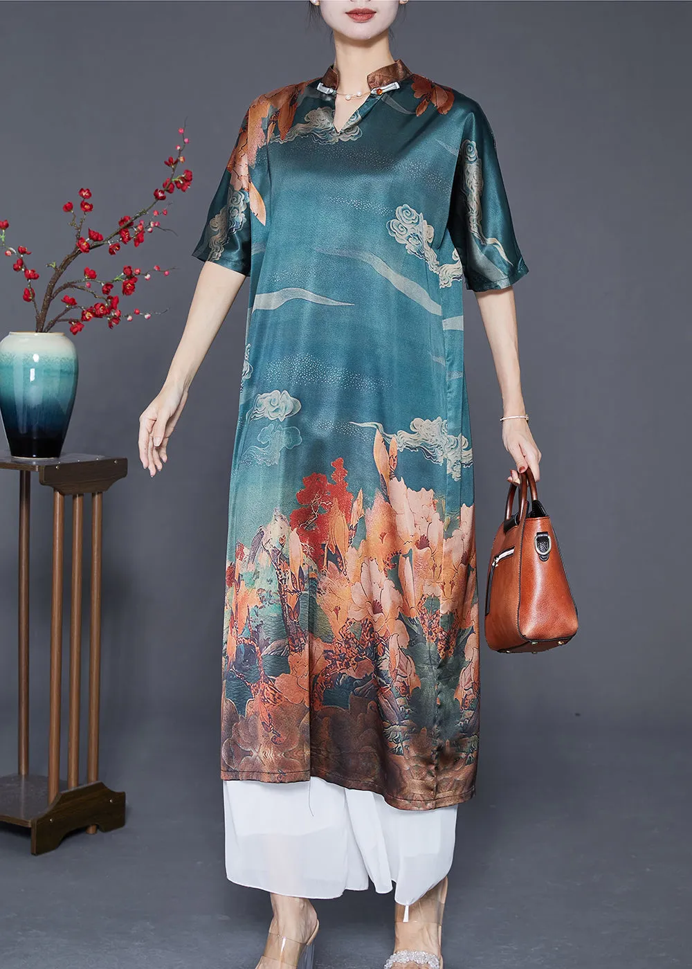 Blue Grey Print Silk Maxi Dress Nail Bead Summer LY6539