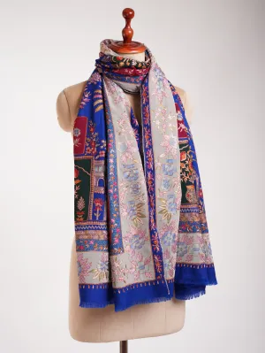 Blue Hand Embroidered Patched Pashmina Shawl
