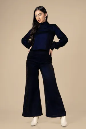 Blue High Neck Velvet Co-Ord Set For Women